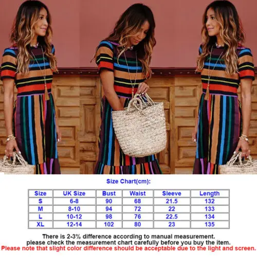 Женское длинное платье с коротким рукавом Boho свободное пляжное в полоску для