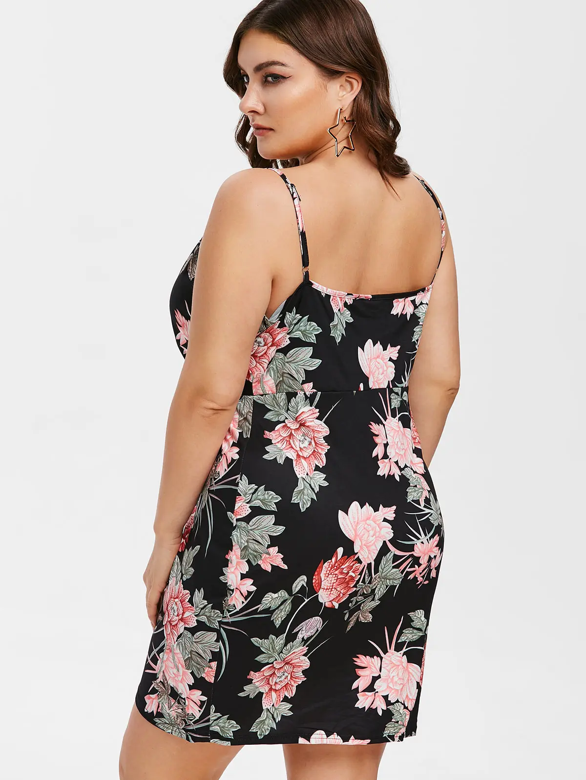 Wipalo Women Plus Size Floral Print Mini Bodycon Dress Sexy Plunging Neck Spaghetti Strap Split Sundress Casual Summer Vestidos|Женские