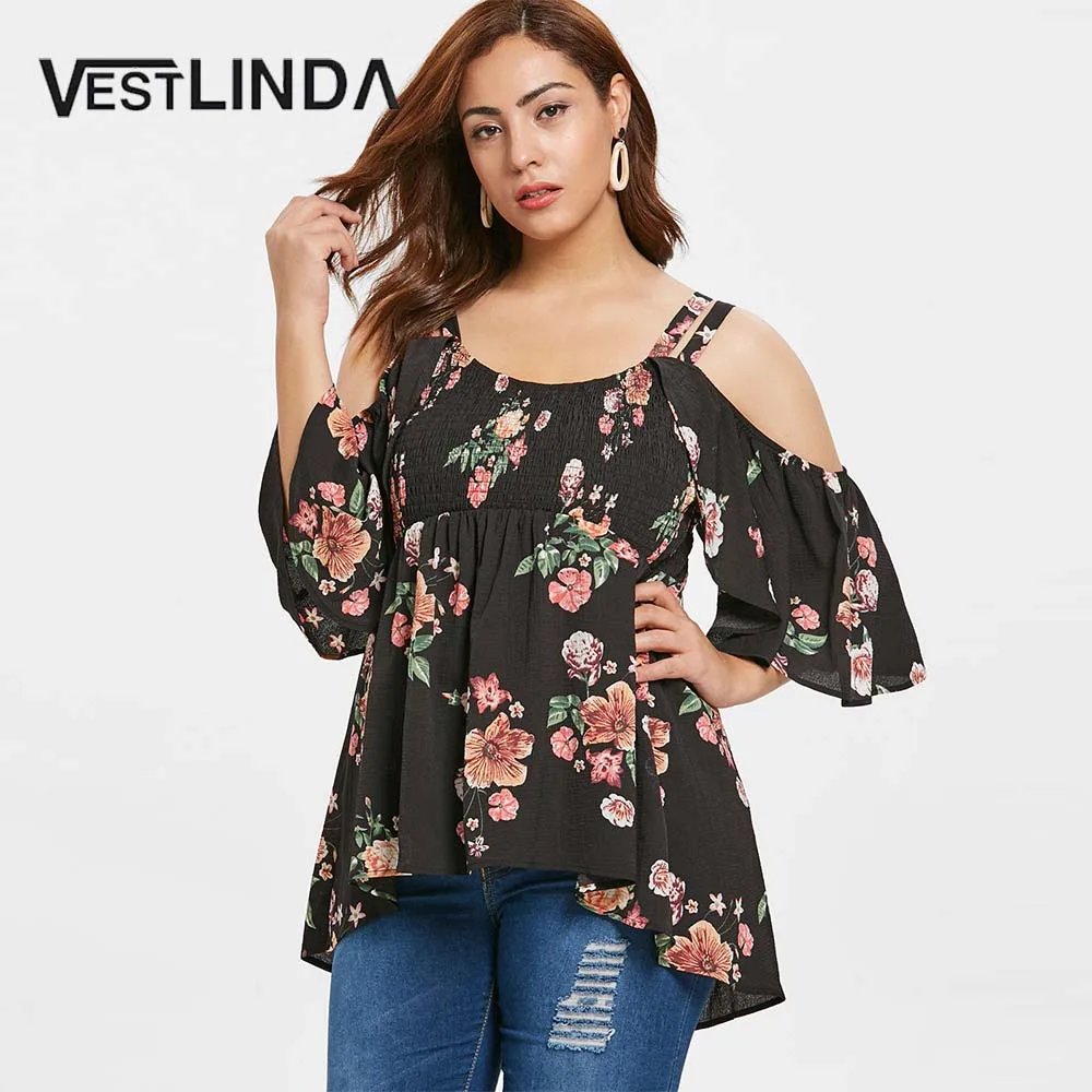 Женская блузка VESTLINDA с цветочным принтом глубоким вырезом на плечах большие