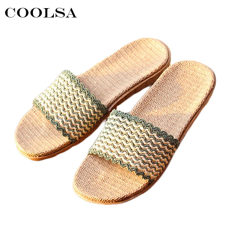 Coolsa новые летние женские конопляные тапочки полосатые льняные шлепанцы