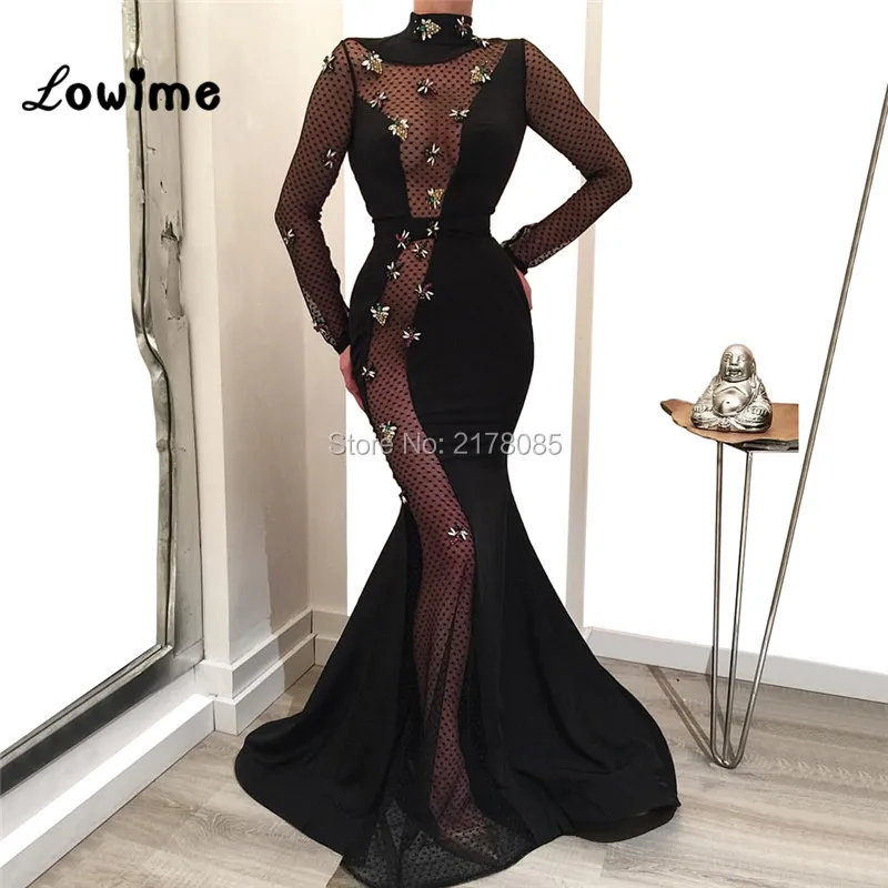 Hot Sexy Illusion Black Evening Dresses Mermaid Arabic Long Sleeves Party Gowns With Beaded 2019 Robe De Soiree Dubai Turkish | Свадьбы и