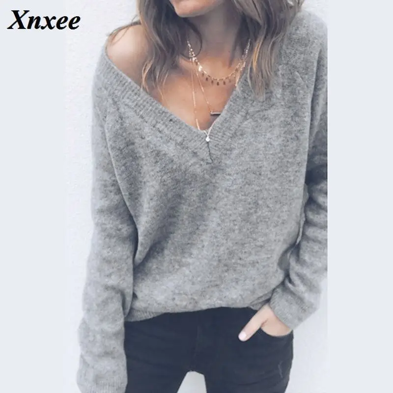 

Xnxee new European and American wool knit large V-neck long-sleeved sweater shirt women