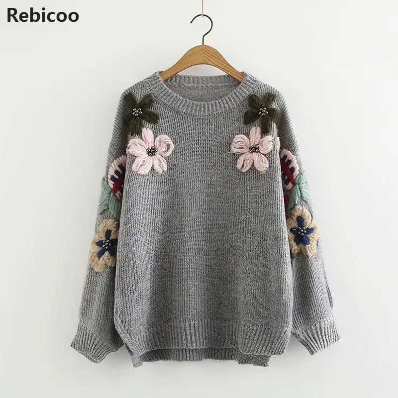 New Autumn and Winter Embroidery Sweaters Women Retro Flower Pullover Loose O-neck Sweater Female Jumpers | Женская одежда