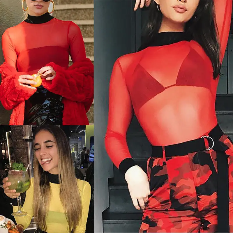 Women Fashion Mesh Sheer See through Long Sleeve Crop Top T Shirt | Женская одежда