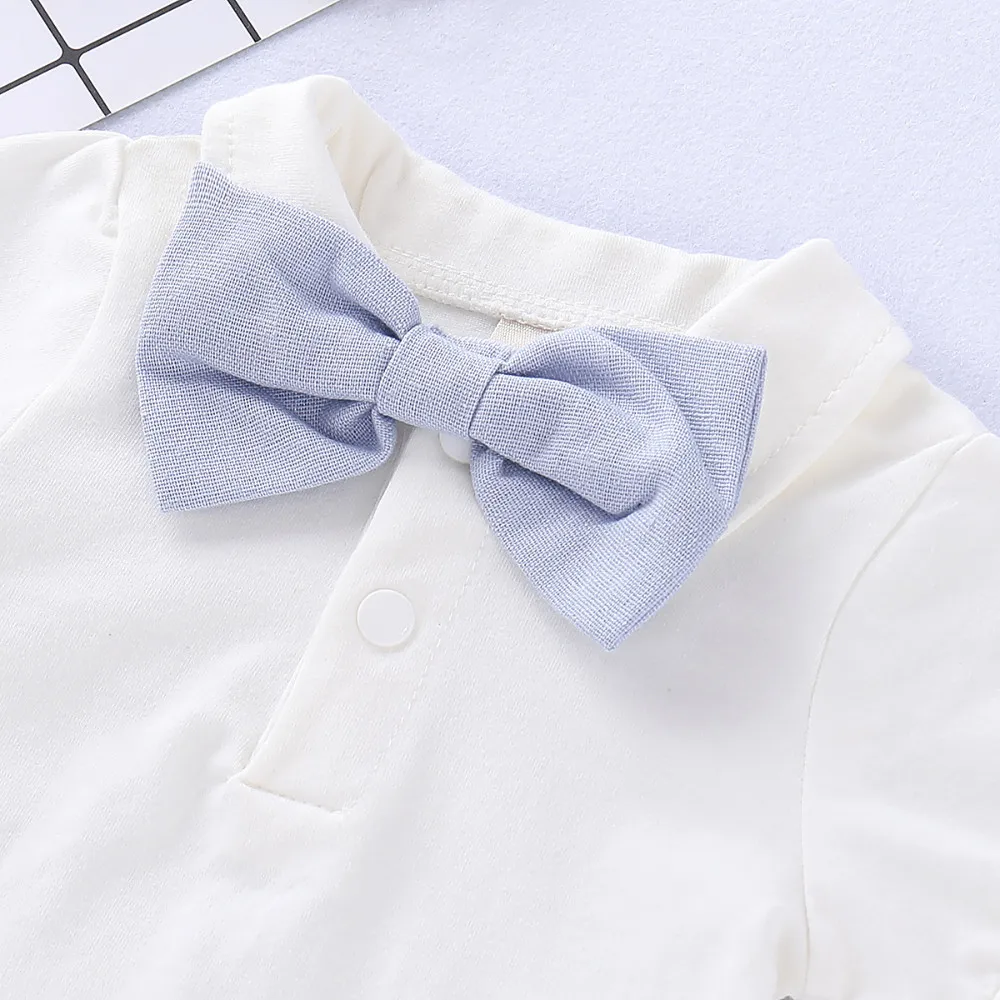2 PCS Baby Boys solid Romper Outfits + Suspender Boxer Pants Set Gentlemen Wedding Formal Clothes Smash Blue 0-24m |