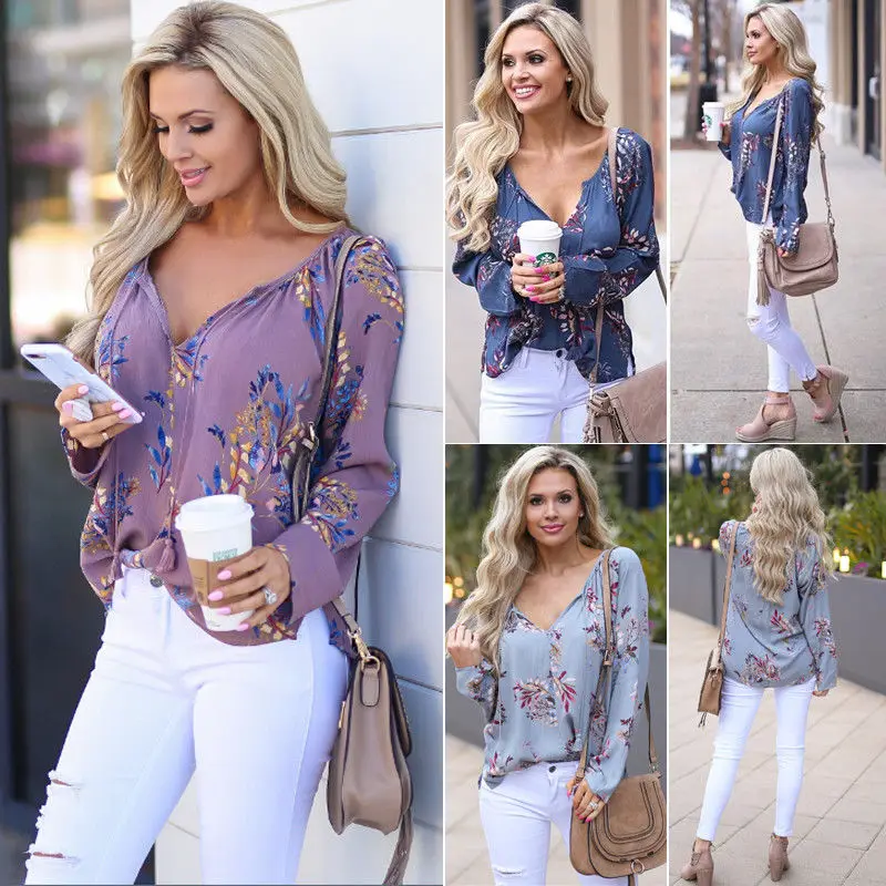 Женская Шифоновая Блузка Boho свободная рубашка с длинным рукавом и цветочным