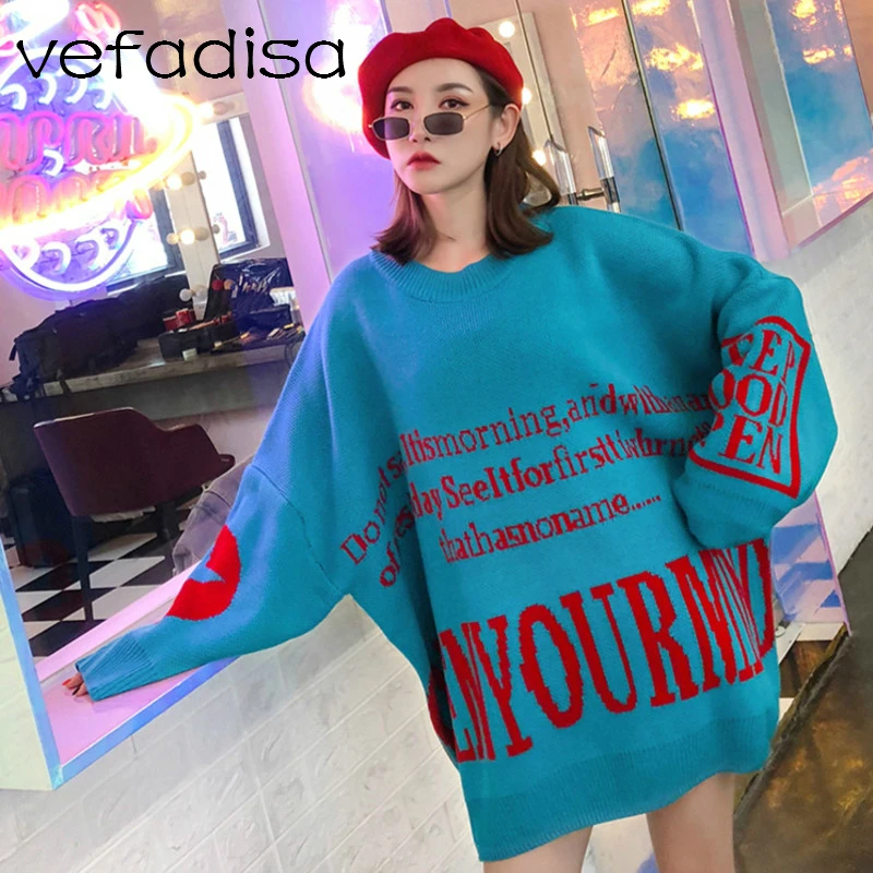 Vefadisa Women Loose Letter Pullover Sweater Dress 2019 Winter Knitted Batwing Shape Plus Size DQ487 | Женская одежда