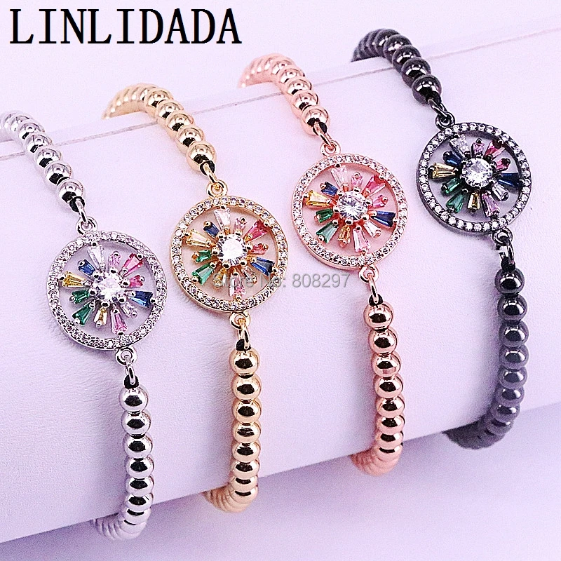 

New Style 10Pcs Micro Pave CZ Round Connector & 4MM Copper Bead Braiding Macrame Bracelet For Women Jewelry Gift