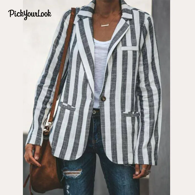 PickYourLook Мода в Вертикальную Полоску Для женщин пальто с длинным рукавом Стильная