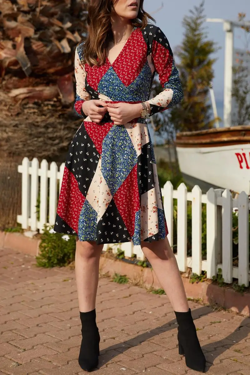 Женское двубортное платье с квадратным узором Xhan 9KXK6-40617-02 | Женская одежда