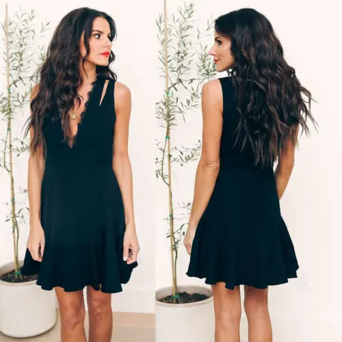 Женское однотонное кружевное мини-платье в стиле бохо с глубоким V-образным