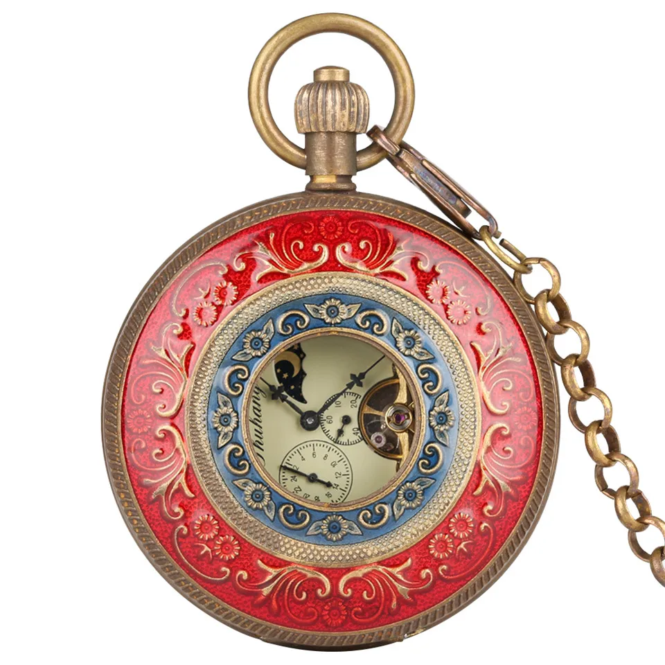 

Red Carving Mechanica Hand Wind Pocket Watch Chain Double Open Face Tourbillon Self Wind Watches Men 2019 New Male Clock Gifts
