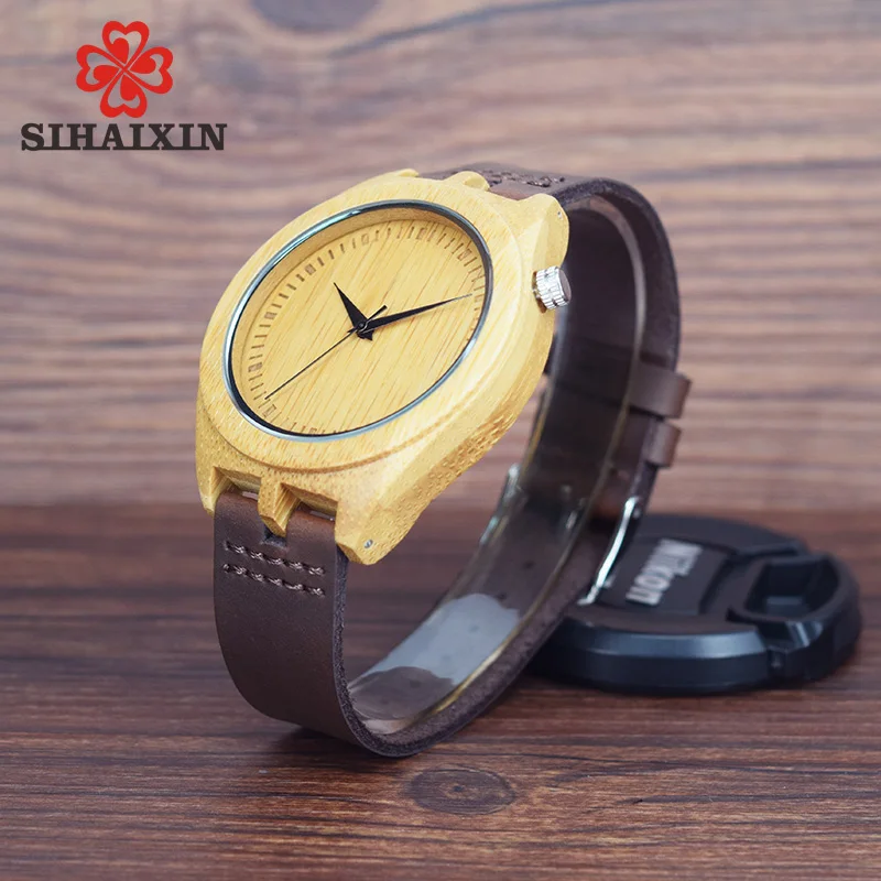 SIHAIXIN Роскошные бамбуковые деревянные часы мужские кварцевые Reloj Hombre кожаные