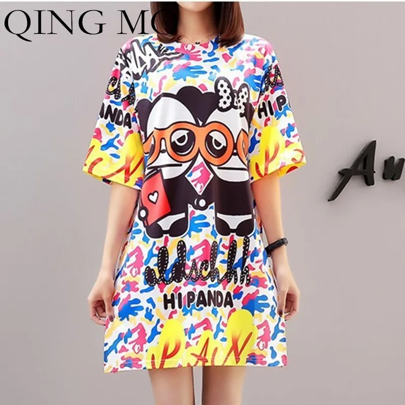 QING MO платье с мультяшным принтом женская длинная футболка 2019 летнее Повседневное