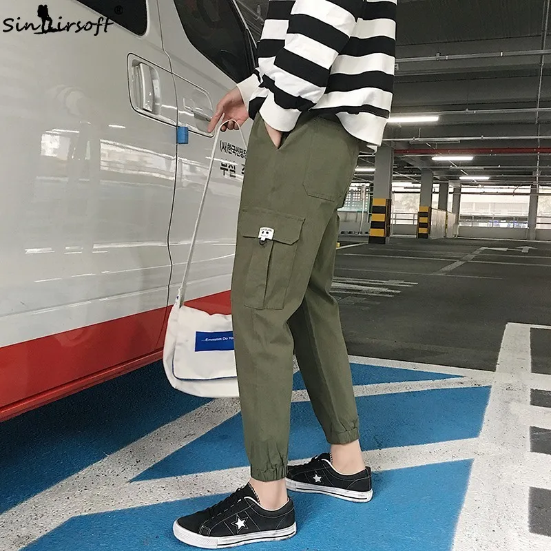 Брюки карго с высокой эластичной талией мужские узкие брюки длиной до щиколотки