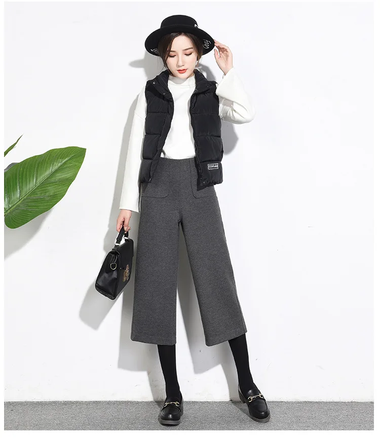 Модные женские шерстяные брюки до середины икры с высокой талией и широкими