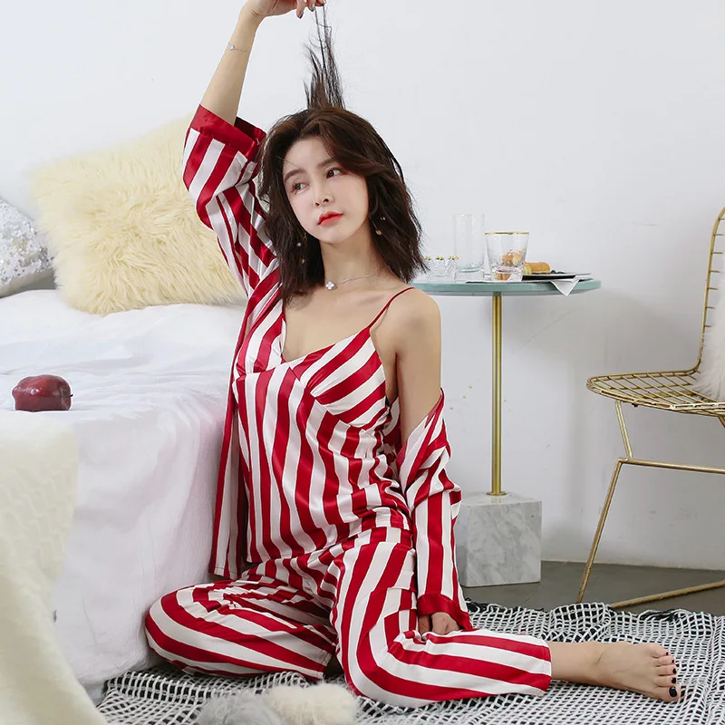 2019 Spring Women Silk Pajamas Sets 3 Pieces Fashion Spaghetti Strap Tops Satin Sleepwear Female Stripes Long Sleeve Pijama | Женская
