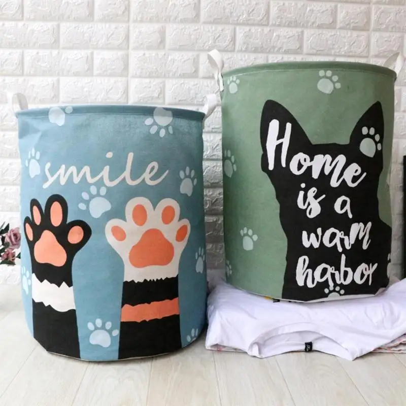

Cute Cartoon Cat Printed Folded Storage Basket Canvas Fabric Storage Barrel Bucket Container For Toy Clothes Home Organizer