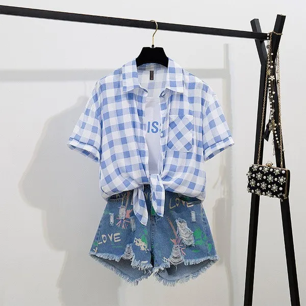 2019 летний женский комплект модная клетчатая рубашка с коротким рукавом топ +