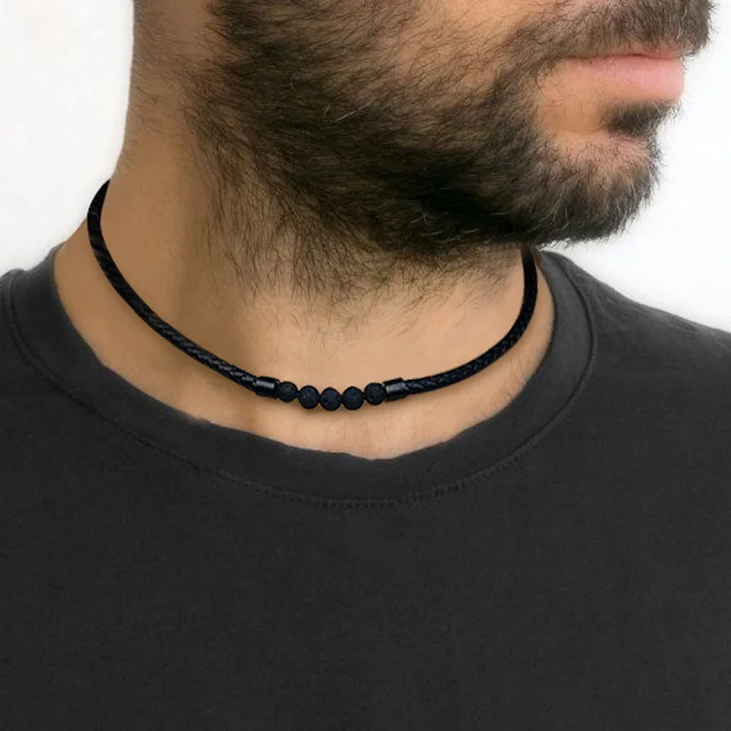 

Men's Lava Stone Rock Braid Leather Choker Necklace Men Boho Hippie Male Jewelry Surf Necklaces in Black Color