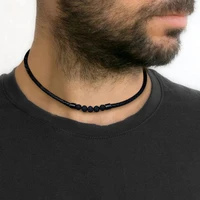 mens lava stone rock braid leather choker necklace men boho hippie male jewelry surf necklaces in black color