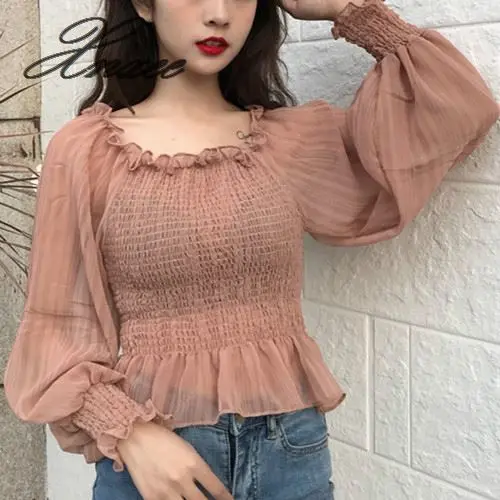 

2020 fashion Women Blouse shirts Autumn new women's clothing Slash neck lantern sleeves chiffon shirt