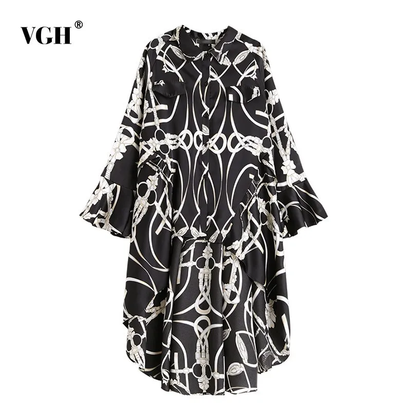 Фото VGH Spring Women Dress Flare Sleeve Lapel Single-breasted Loose Slim Irregular Hem Print Hit Color Female Dresses Fashion New Женская VGH Spring Women Dress Flare Sleeve Lapel Single-breasted Loose Slim Irregular Hem Print Hit Color Female Dresses Fashion New Женская