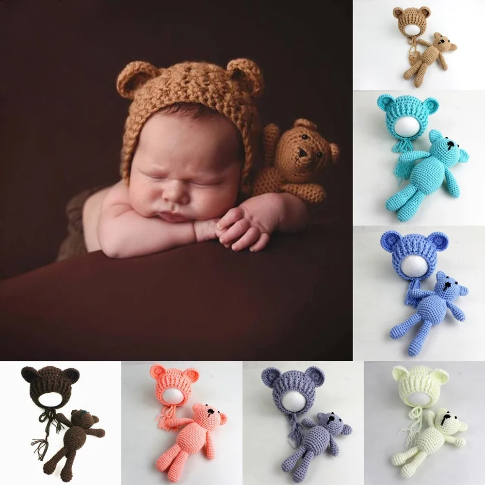 Newborn Photography Costume Bears Ear Hat+Doll 2Pcs/Set Studio Baby Photo Props Accessories Knit Baby Hats Caps Toy Fotografia