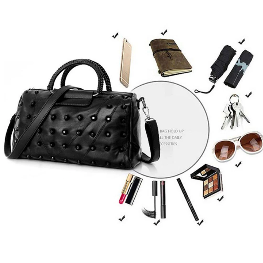 Women's Handbags Purses Totes Top Studded Handle Bags Black | Багаж и сумки