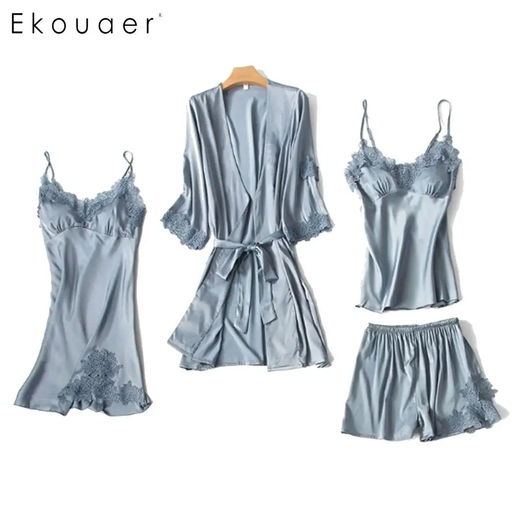 Ekouaer 4 шт./лот пижамный комплект для женщин сатиновая Пижама ночная рубашка камзол
