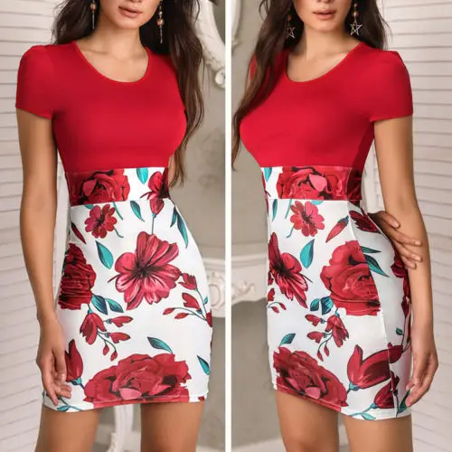 Women Patchwork Casual Evening Party Dresses Vintage Floral Print Bodycon Short Sleeve Dress Summer | Женская одежда