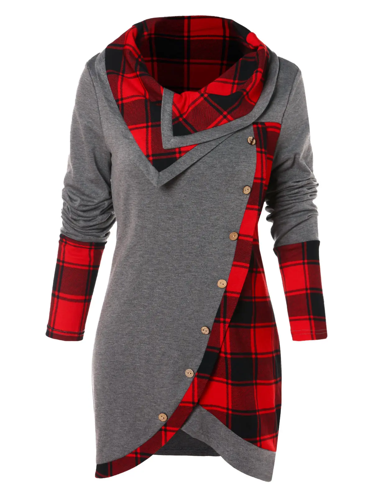 Wipalo Tartan Panel Long Sleeve Asymmetrical T Shirt Vintage Tunic Top Women Autumn Button Decoration Tops M 2XL|Футболки| |