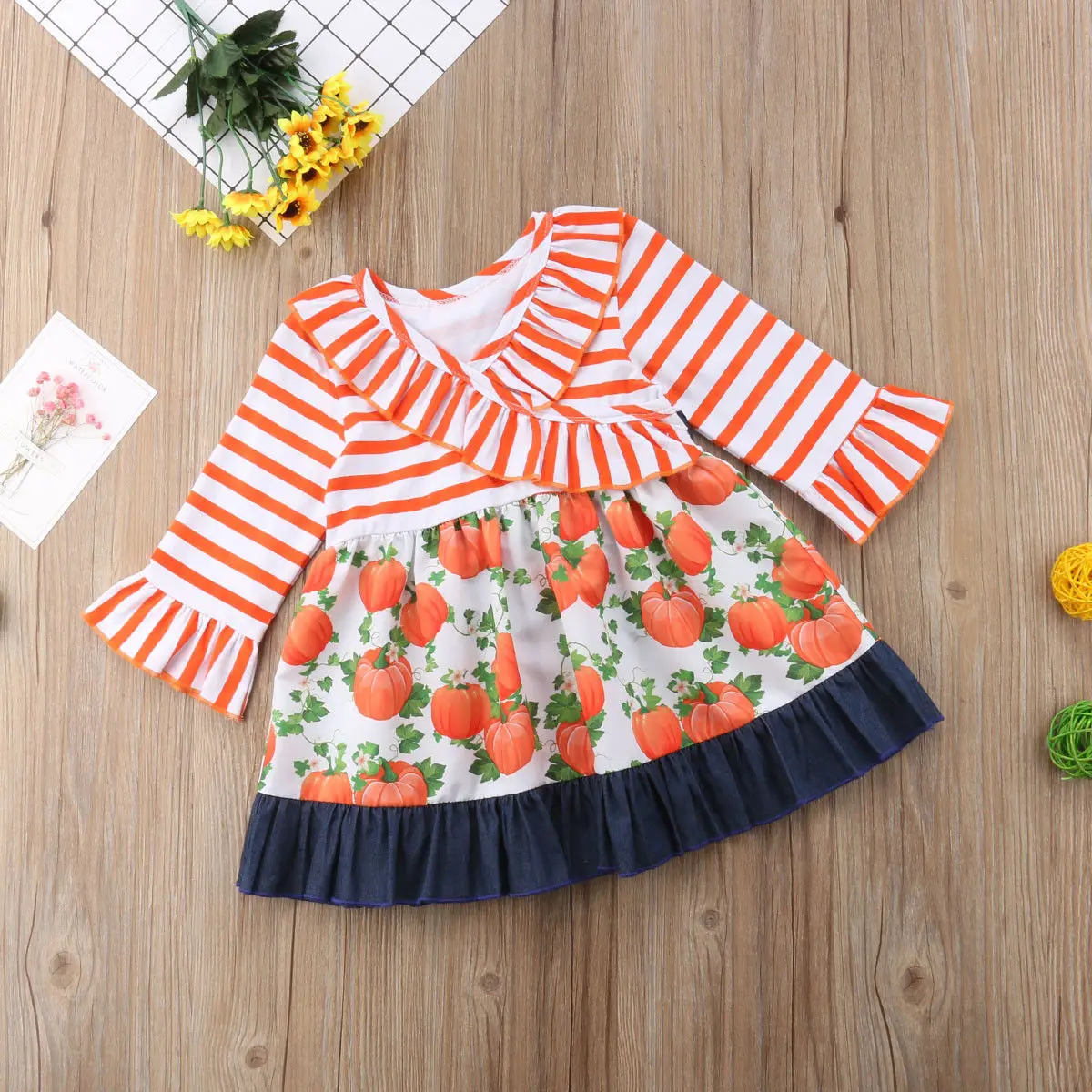 Halloween Kids Girls Pumpkin dress Splicing Dress Baby V collar stripe Dresses 1-5T | Детская одежда и обувь