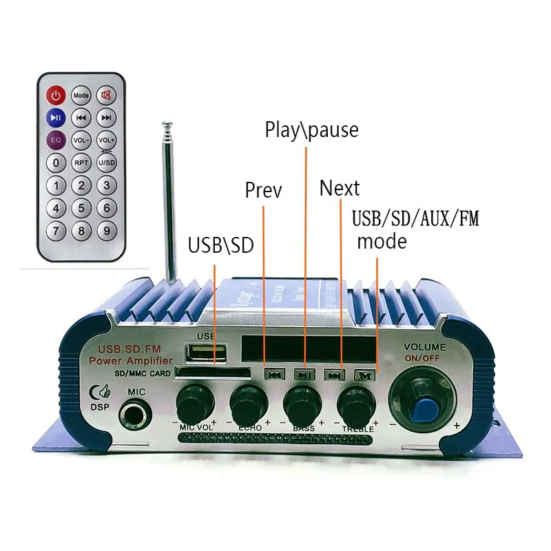 High quality RCA input/output socket And Av Cable Usb Sd Fm Professional Karaoke Amp For Car EU Plug Blue | Электроника