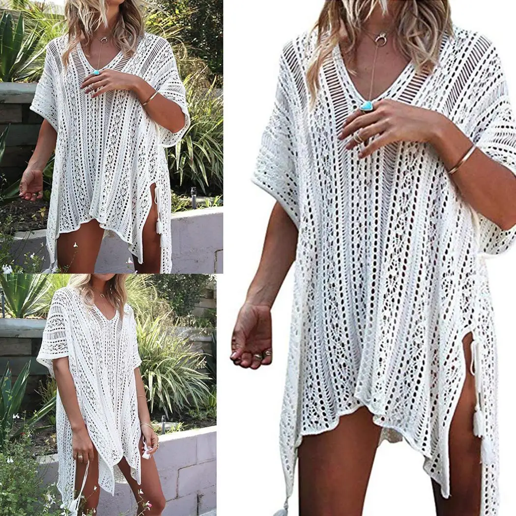 Women Casual Hollow V Neck Short Sleeve Knit Out Solid All Seasons Blouse Beach Cover Long Up |