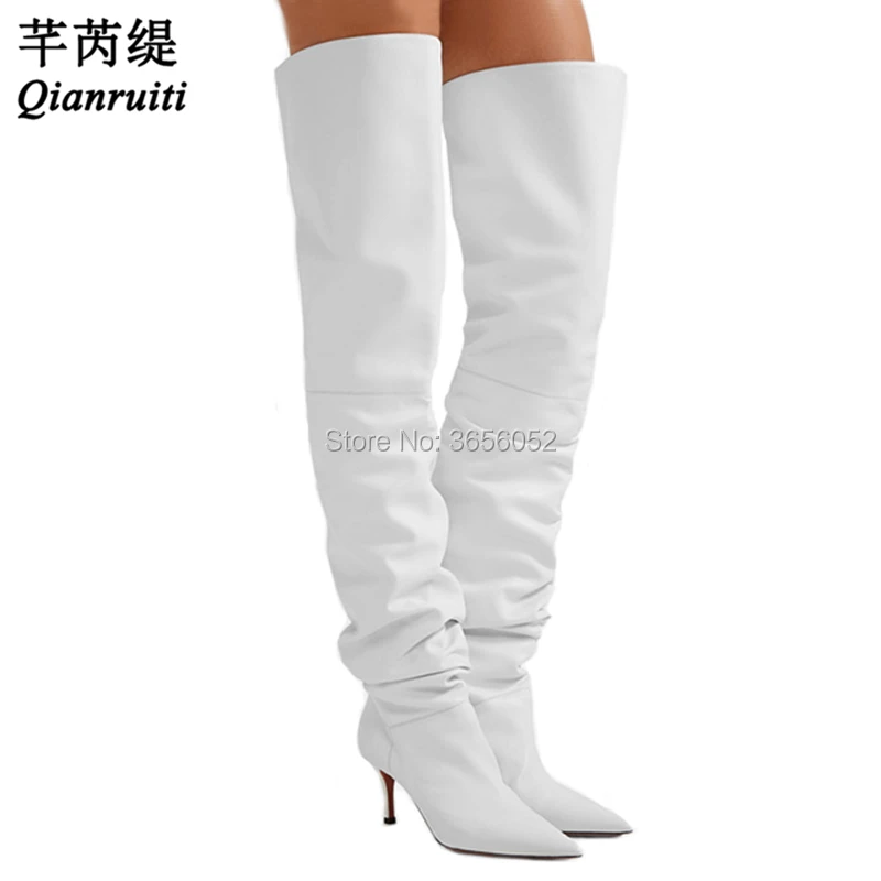 

Qianruiti Pop Fashion Runway Shoes Long Botas Mujer Sexy Pointed Toe Med Stiletto Heels Pull On White Leather Thigh High Boots