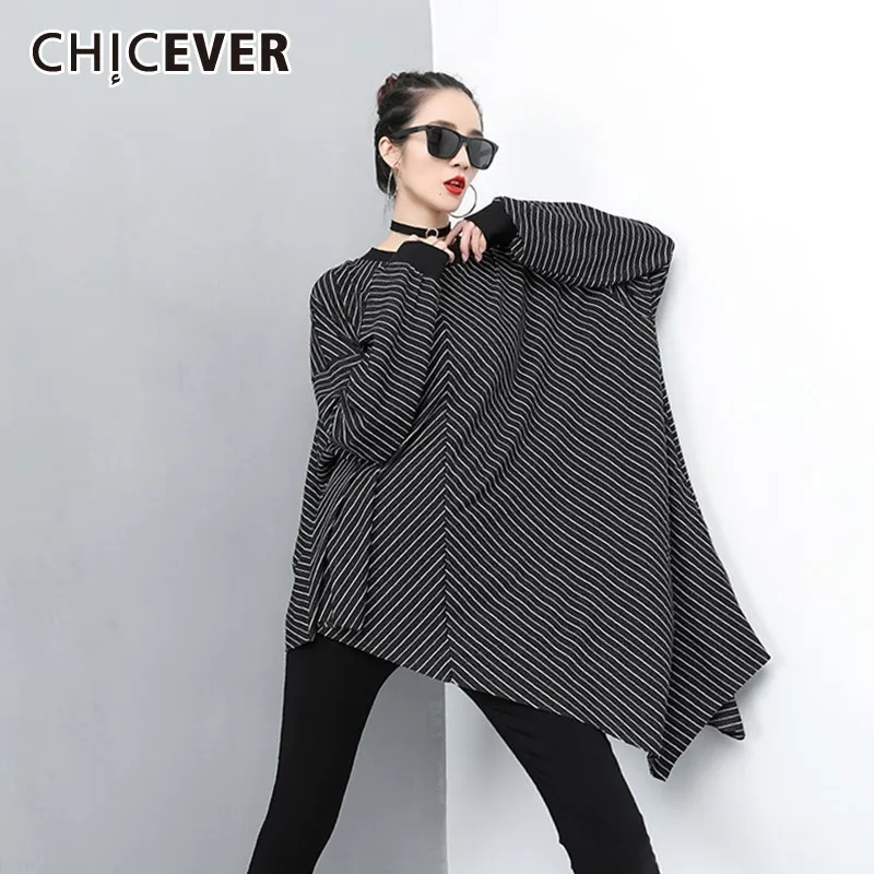 CHICEVER Весенняя полосатая женская футболка с круглым вырезом и длинным рукавом