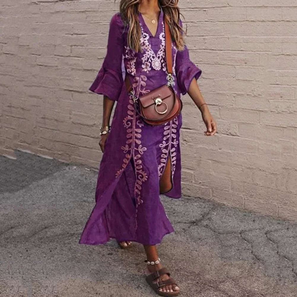 Этнический стиль v образный вырез и юбка годе рукав цифровой печати миди платье
