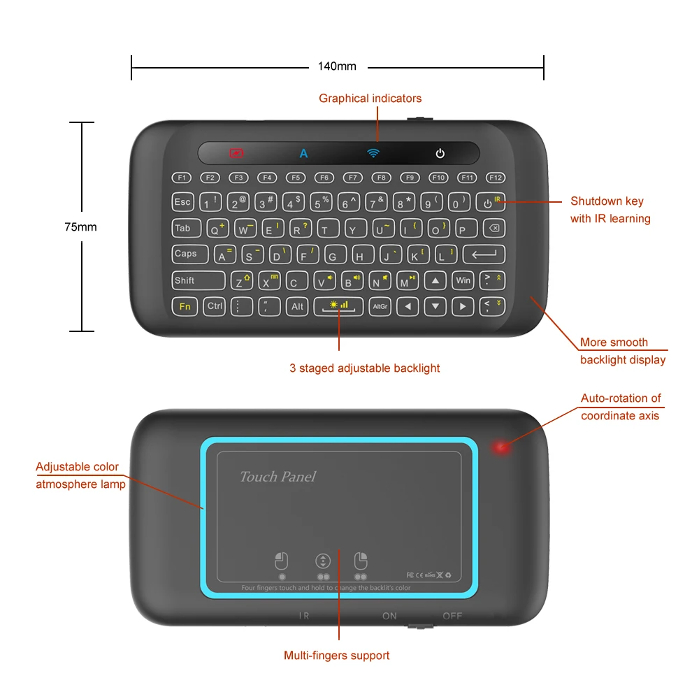 2 4 GHz мини беспроводная клавиатура ИК обучения красочная подсветка Air Mouse с