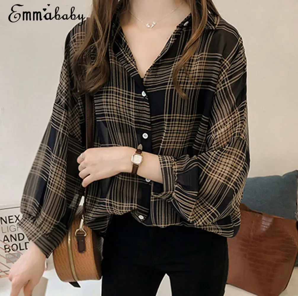 Модные повседневные женские клетчатые рубашки с длинным рукавом и пуговицами