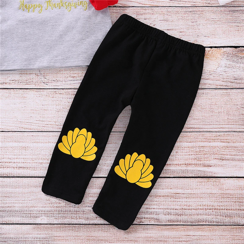 Thanksgiving Baby Kids Clothes Set Turkey Autmn/Winter Girl Boy Long Sleeve Cotton T-Shirt Tops+Solid Black Pants Outfits | Детская