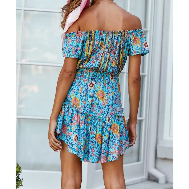 Женское платье с принтом Boho повседневное короткое пляжное на шнуровке открытыми