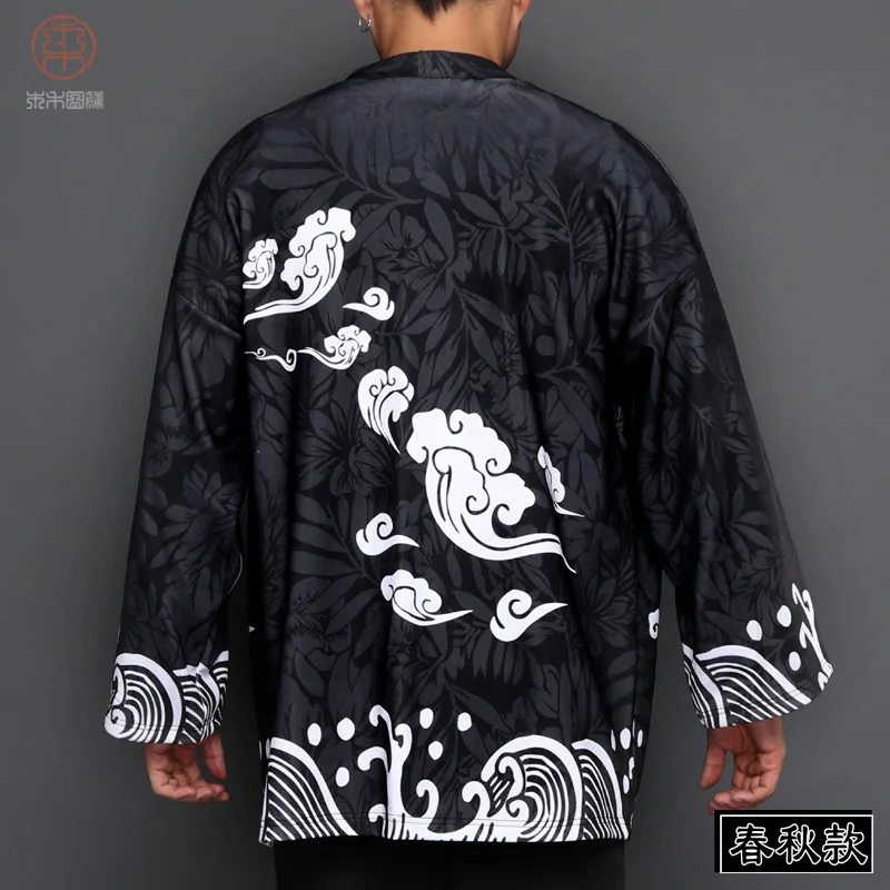 Японские кимоно yukata kimino haori кардиган халат для мужчин черный принт японский Топ