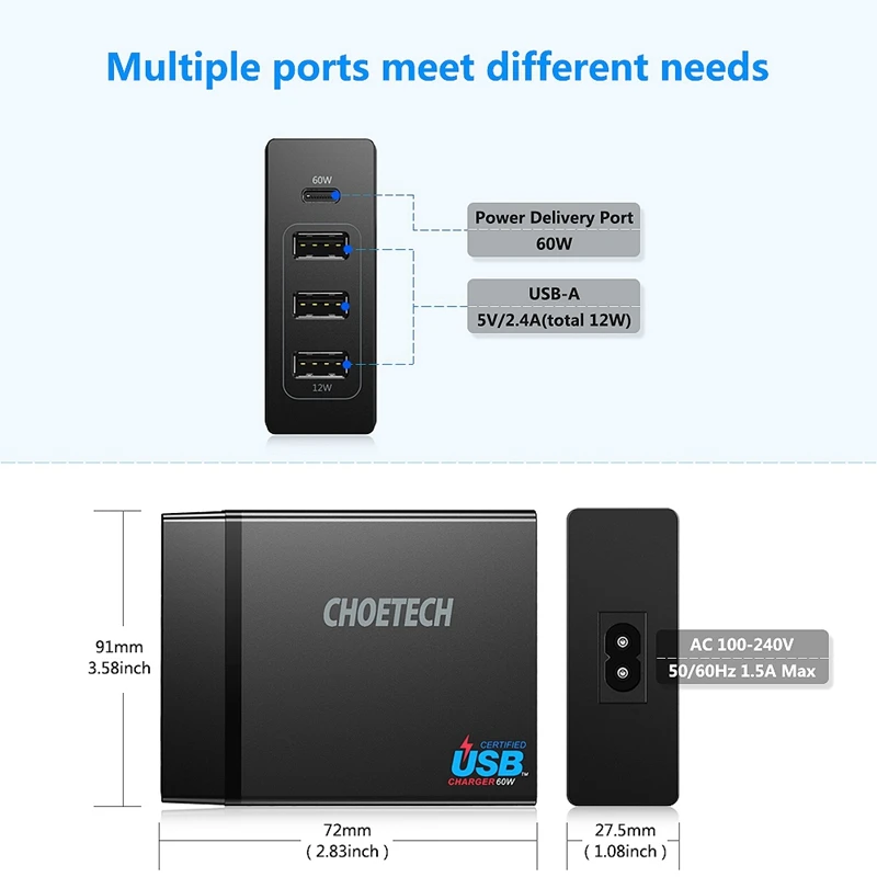 Choetech 72 Вт 4 порта Usb Type C настольная зарядная станция с доставкой питания для Iphone X 8