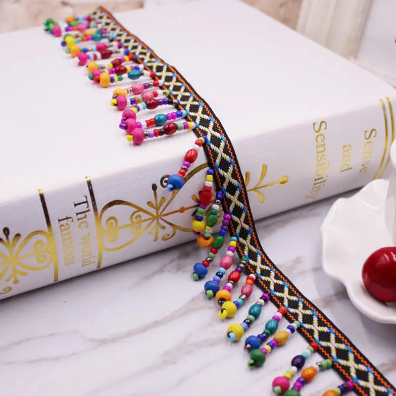 

Colorful Beaded Lace Polyester Tassel Trim Braided Fabric Ribbon Ethnic Costume Garment Sewing Accessory Decoration 4cm 0.9m 1PC