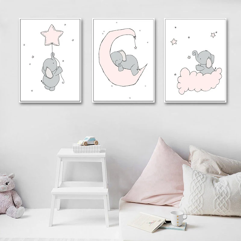 Baby Nursery Wall Art Canvas Painting Animal Nordic Posters Prints Elephant Moon and Stars Pictures Kids Girls Room Decor | Дом и сад
