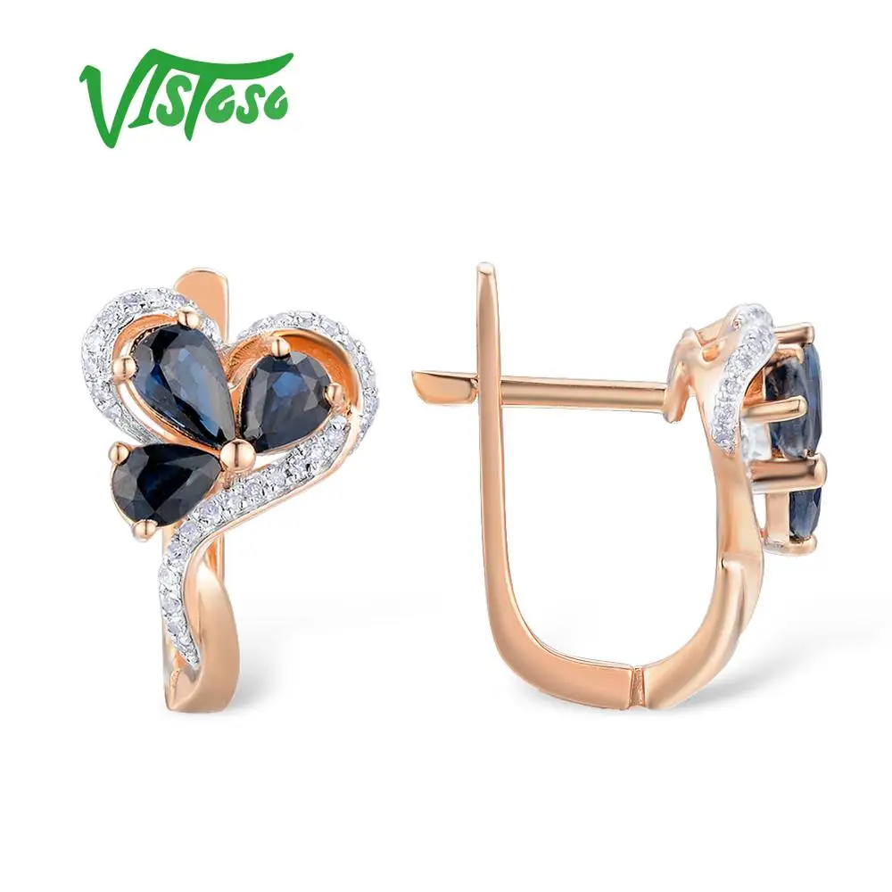 VISTOSO золотые серьги для женщин 14K 585 розовое золото сверкающий синий сапфир