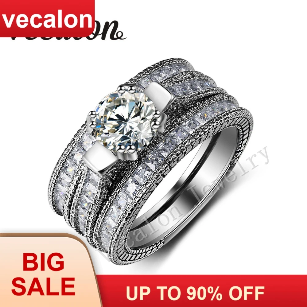 Женское Винтажное кольцо Vecalon обручальное 3 в 1 из белого золота с фианитом 15ct AAAAA 14