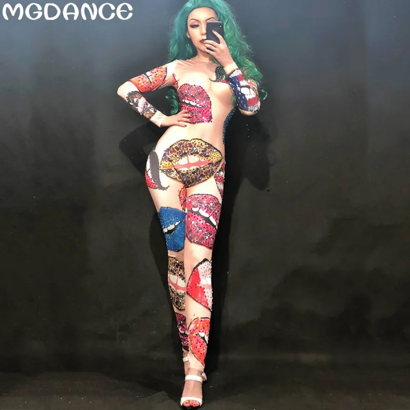 

Новый женский сексуальный сценический комбинезон со стразами и 3D-принтом, одежда для вечеринок, танцев, певиц, костюм