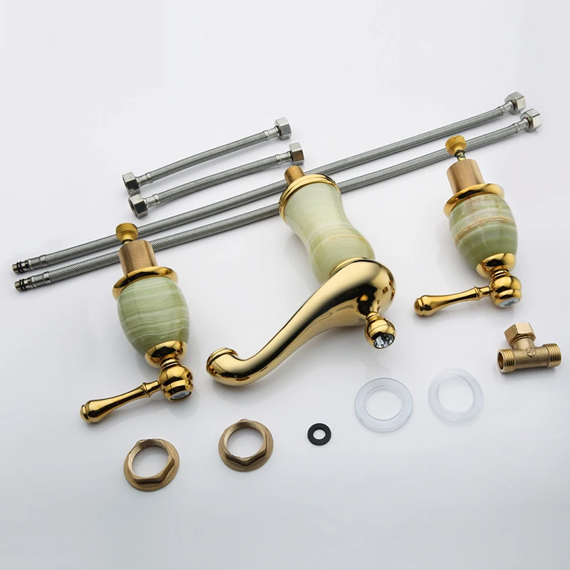 

Split Faucet Soft Basin Faucet Brass Jade Gold Cold Hot Switch Double Handle Bathroom Shower Room Three Hole mixer taps